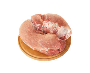 fresh raw red pork meat big steak chunk on wooden cut board isolated on white background