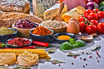Composition with assorted organic food products on the table