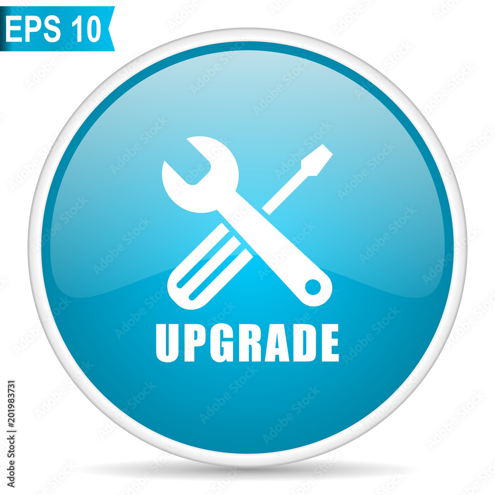 Aufkleber upgrade blue glossy round vector icon in eps 10. editable modern design internet button on white bac