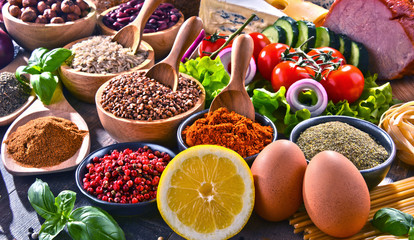 Composition with assorted organic food products on the table