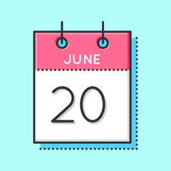 Vector Calendar Icon. Flat and thin line vector illustration. Calendar sheet on light blue background. June 20th. World Elephant Day
