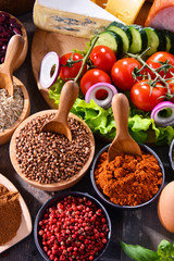 Composition with assorted organic food products on the table