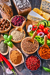 Composition with assorted organic food products on the table