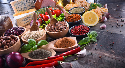 Composition with assorted organic food products on the table