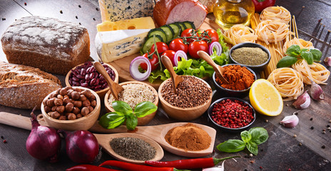 Composition with assorted organic food products on the table