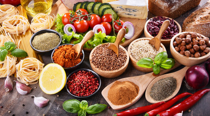 Composition with assorted organic food products on the table