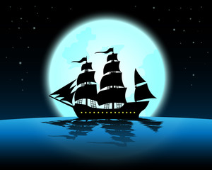 large marine in the night of full moon;blue ocean with marine at midnight with full moon;star on the sky;beautiful silhouette night landscape vector design