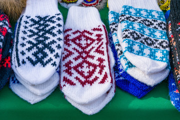 Mittens with a pattern of Finno-Ugric peoples close-up
