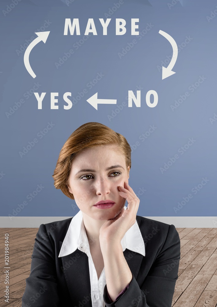 Poster Woman thinking Yes No Maybe text with arrows graphic on wall