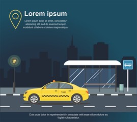 Taxi stopped at the bus stop on background of night city  Vector illustration	