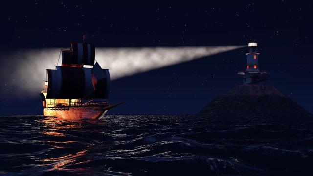 3D Animation of an old wooden warship sailing by night close to lighthouse