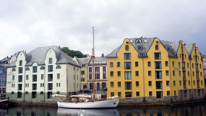 Alesund, Norway - View of colorful buildings in norwegian town, beautiful old city centre