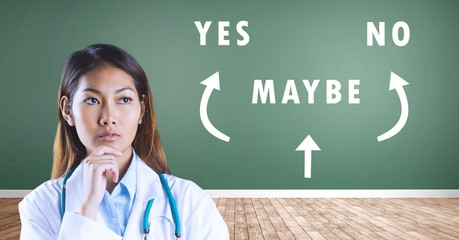 Doctor woman thinking Yes No Maybe text with arrows graphic on