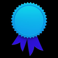 Award ribbon rosette blank reward medal blue. Achievement best badge winner template design element empty. 3d illustration isolated on black