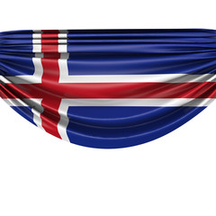 Iceland national flag hanging fabric banner. 3D Rendering