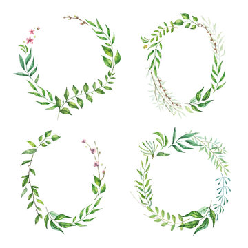 Vector watercolor Floral Frame Collection. Set of cute retro leaf arranged un a shape of the wreath