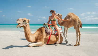 Fototapeta premium Pretty Young Woman Sitting on a Camel on the Beach during a Tropical Day