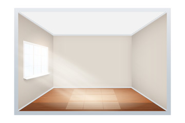 Example of an empty room with wooden floor and window on the side. Simple interior without furnish and furniture. Sunlight falls from the window to the floor. Imitation of three-dimensional space.