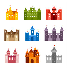 various kind of Fairy tale castle. vector flat design illustration set 