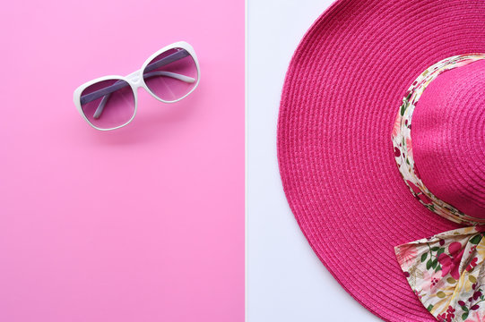 Summer hat and sunglasses for background