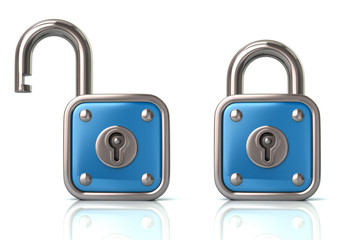 Blue lock and unlock padlock 3d illustration on white background