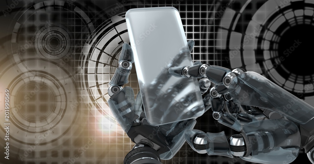 Poster robotic android hand using phone device and glowing circle