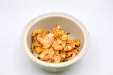 Top view of puff shrimp with egg isolated white, clean food concept, easy food  
