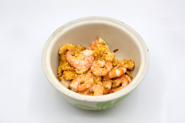 Top view of puff shrimp with egg isolated white, clean food concept, easy food  