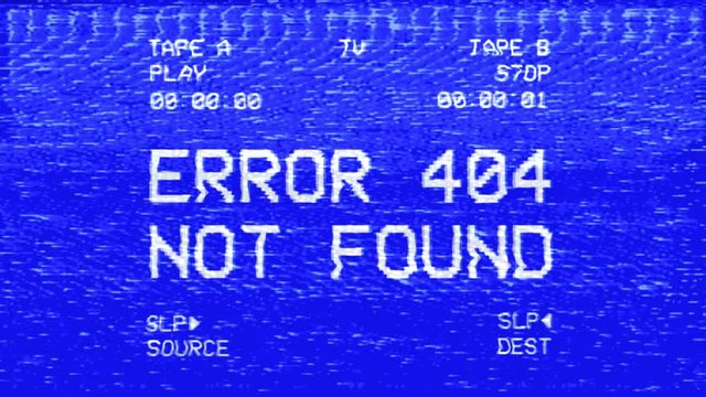 Inserting and removing a VHS cassette tape with the text Holiday from a VCR player recorder, playing a scene: a blank screen with the funny message Error 404 Not Found.
