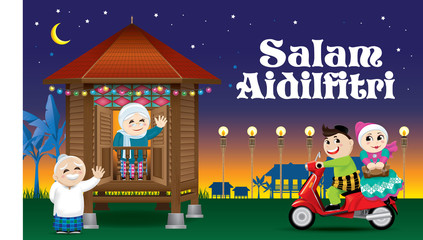 A couple is just arrive their home town, ready to celebrate Raya festival with their parents. With village scene. The words 