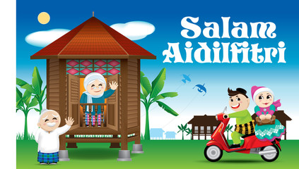 A couple is just arrive their home town, ready to celebrate Raya festival with their parents. With village scene. The words 