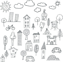 Fototapeta premium Illustration with different types of houses painted by hand