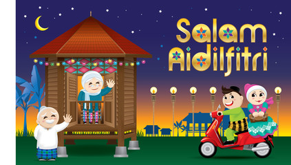 A couple is just arrive their home town, ready to celebrate Raya festival with their parents. With village scene. The words 