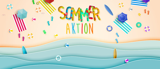 Sommeraktion. Top view summer background vector in beach with umbrellas, balls, swim ring, sunglasses, surfboard, hat, sandals, juice, starfish and sea. 