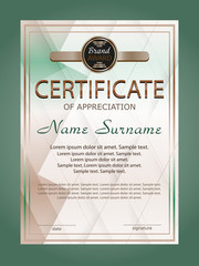 Vertical certificate achievement or diploma template with green geometric modern background. Vector illustration.
