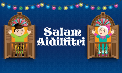 Muslim boy and girl, old man and woman standing on a Malay style window, celebrating Raya festival. The words 