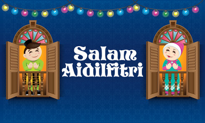 Muslim boy and girl, old man and woman standing on a Malay style window, celebrating Raya festival. The words 