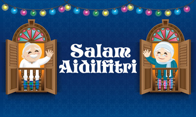 Muslim boy and girl, old man and woman standing on a Malay style window, celebrating Raya festival. The words 