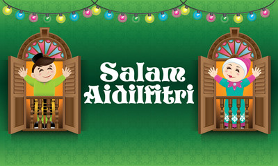 Muslim boy and girl, old man and woman standing on a Malay style window, celebrating Raya festival. The words 
