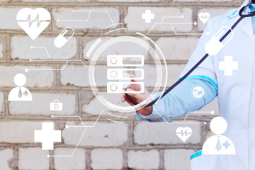 Doctor pushing button data information virtual healthcare in network medicine