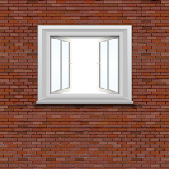 Open window in a brick wall, white isolated background inside.
