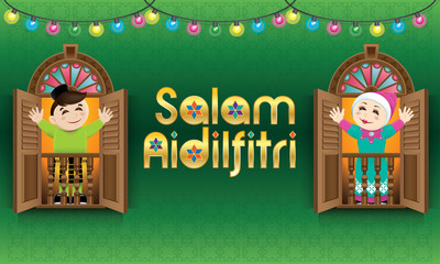 Muslim boy and girl, old man and woman standing on a Malay style window, celebrating Raya festival. The words 