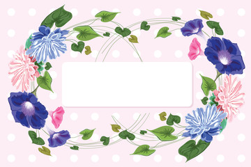 Invitation-vignette garland two wedding rings. Of flowers, leaves and curly stems-aster, bindweed, ivy, green, pink,
