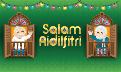 Muslim old man and woman standing on a Malay style window, celebrating Raya festival. The words 
