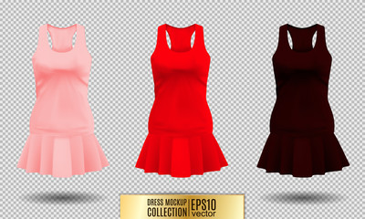 Realistic detailed 3d women dress mock up. Pink, red and dark vinous set isolated on Background sport summer clothing. Vector illustration
