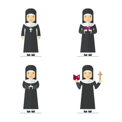 Set of Catholic nun. Woman holding cross and bible and gospel, bless parishioners. Flat vector cartoon illustration. Objects isolated on a white background.