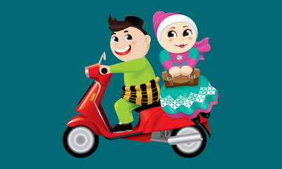 Muslim boy and girl riding on a motorbike together. With color background.