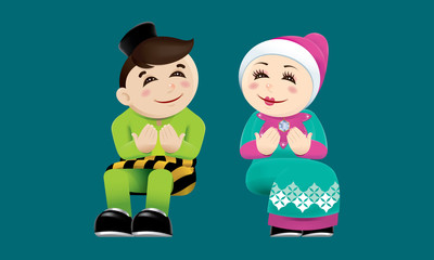 Muslim boy and girl with praying post. With color background.