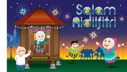 A boy and a girl is playing with fireworks during their Raya festival celebration. With village scene. The words 