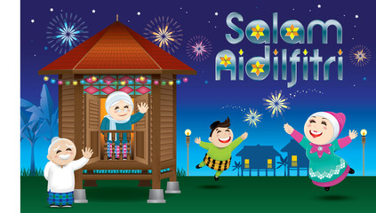 A boy and a girl is playing with fireworks during their Raya festival celebration. With village scene. The words 